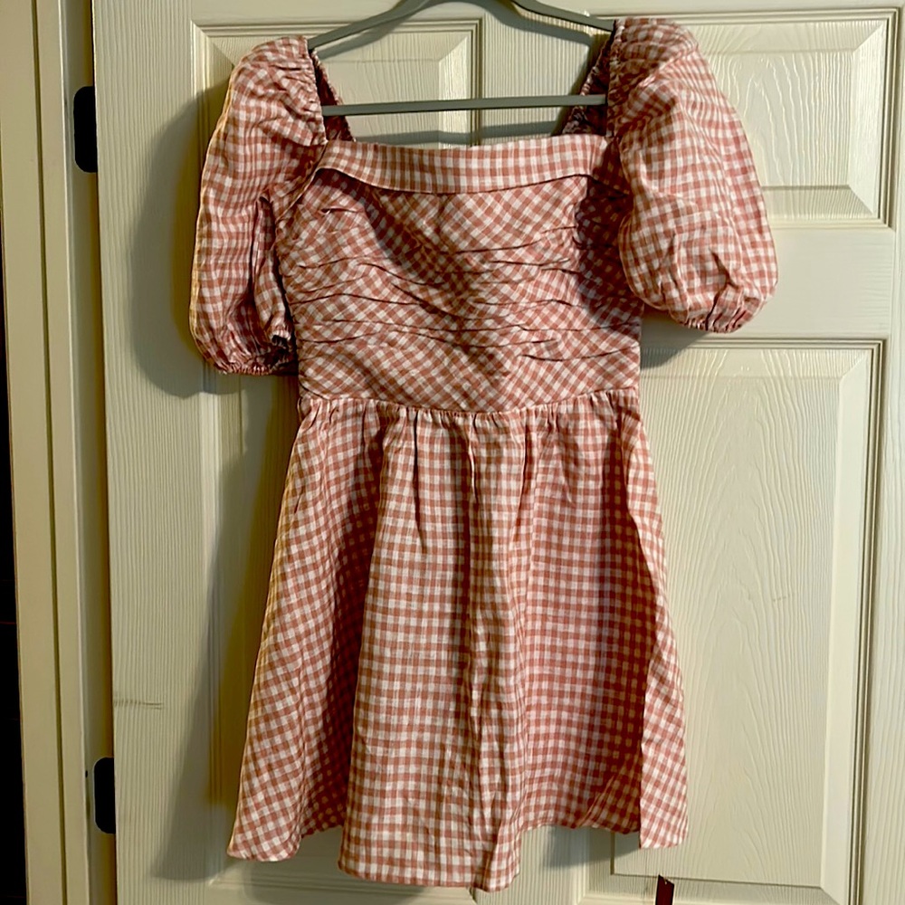 Reformation Zula linen blush gingham puff sleeve smocked back dress NEW w/tags 8